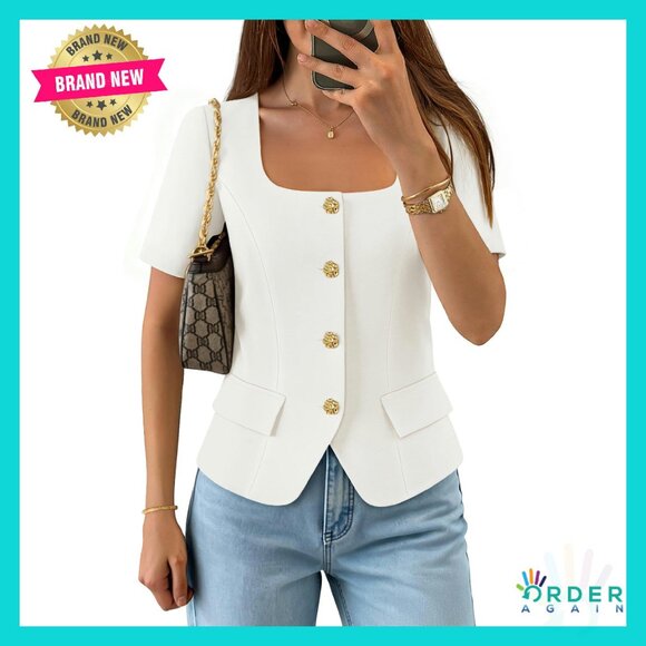 Square Neck Short Sleeve Blazer Vest Top Chic Elegant Work Casual Crop